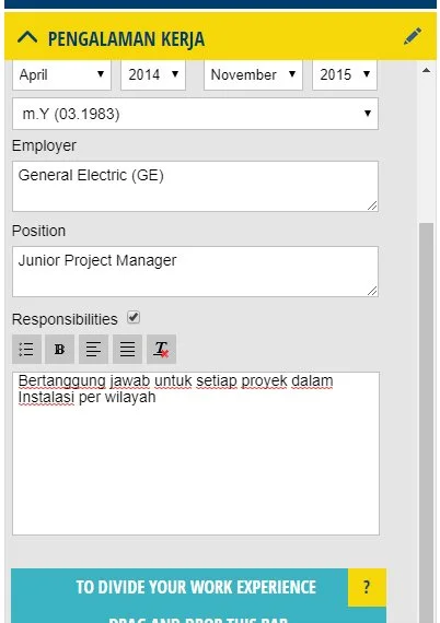 Pengalaman kerja pada cv